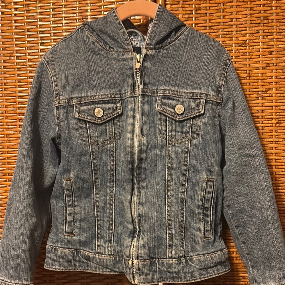 GAP Kids Denim Jacket floral lined w/hood EUC size 6 girls